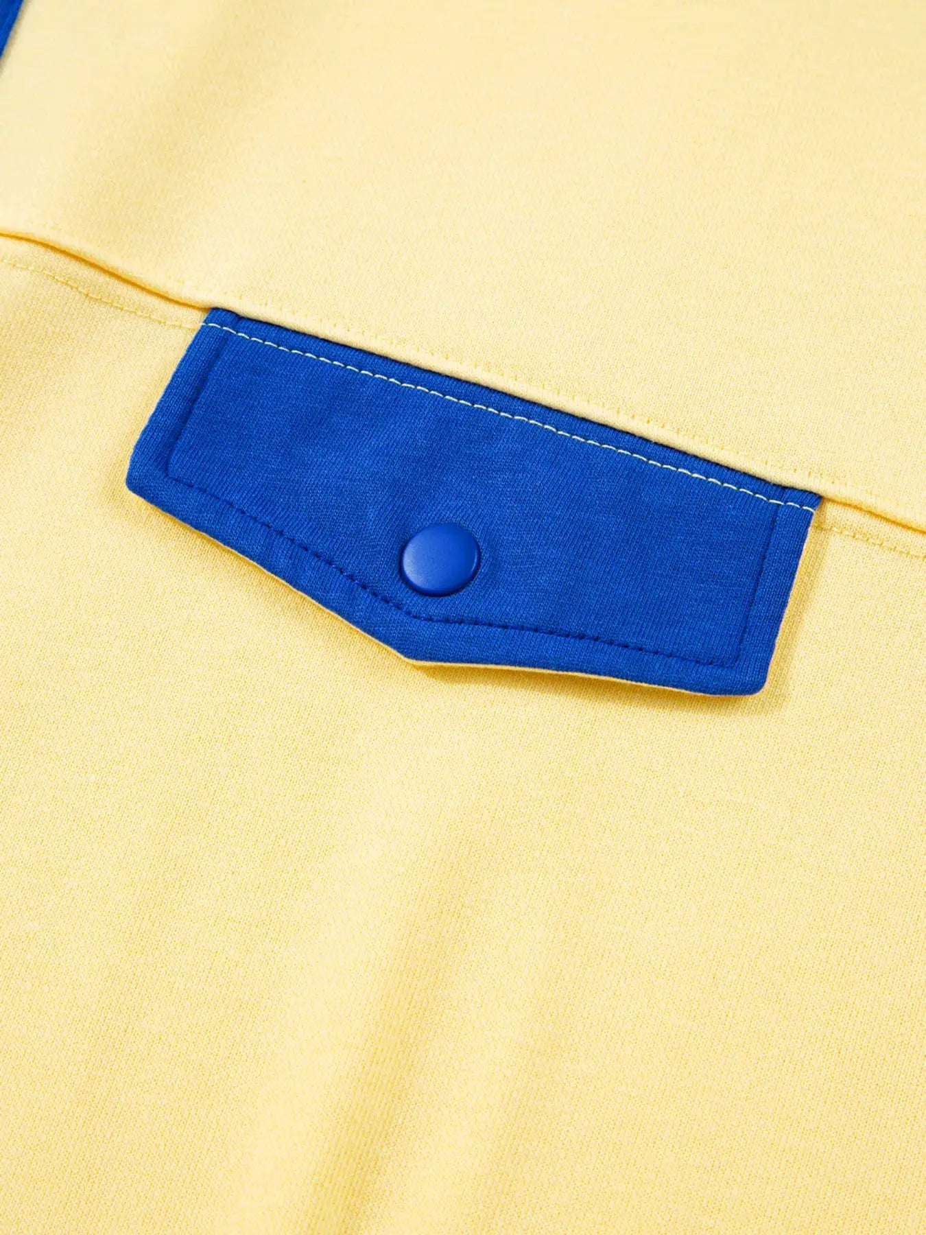 Color Block Patchwork Half Button Top and Shorts 2pcs Set, yellow fabric with blue pocket flap