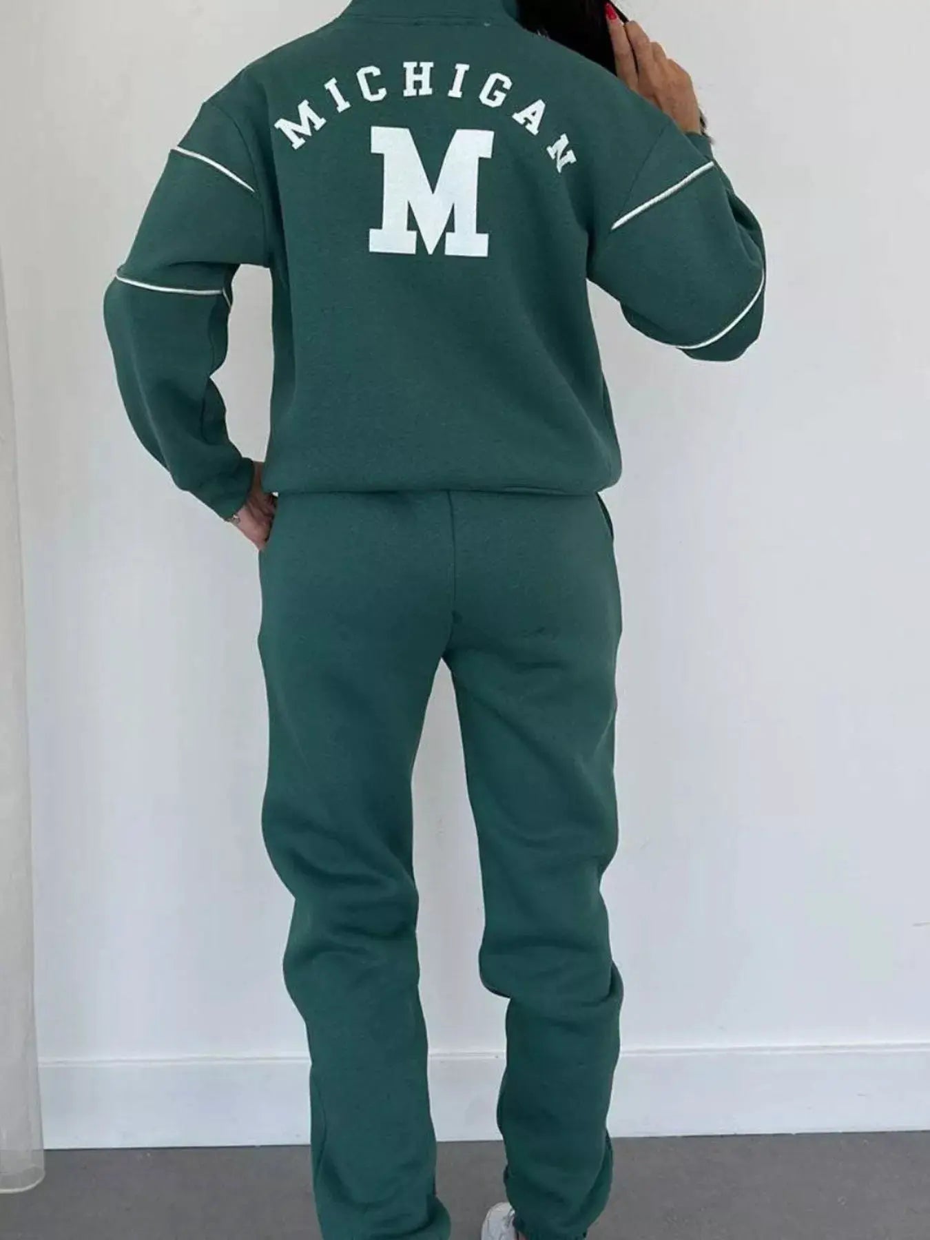 Plus-size green loungewear set with white piping and Michigan logo on back; matching pants