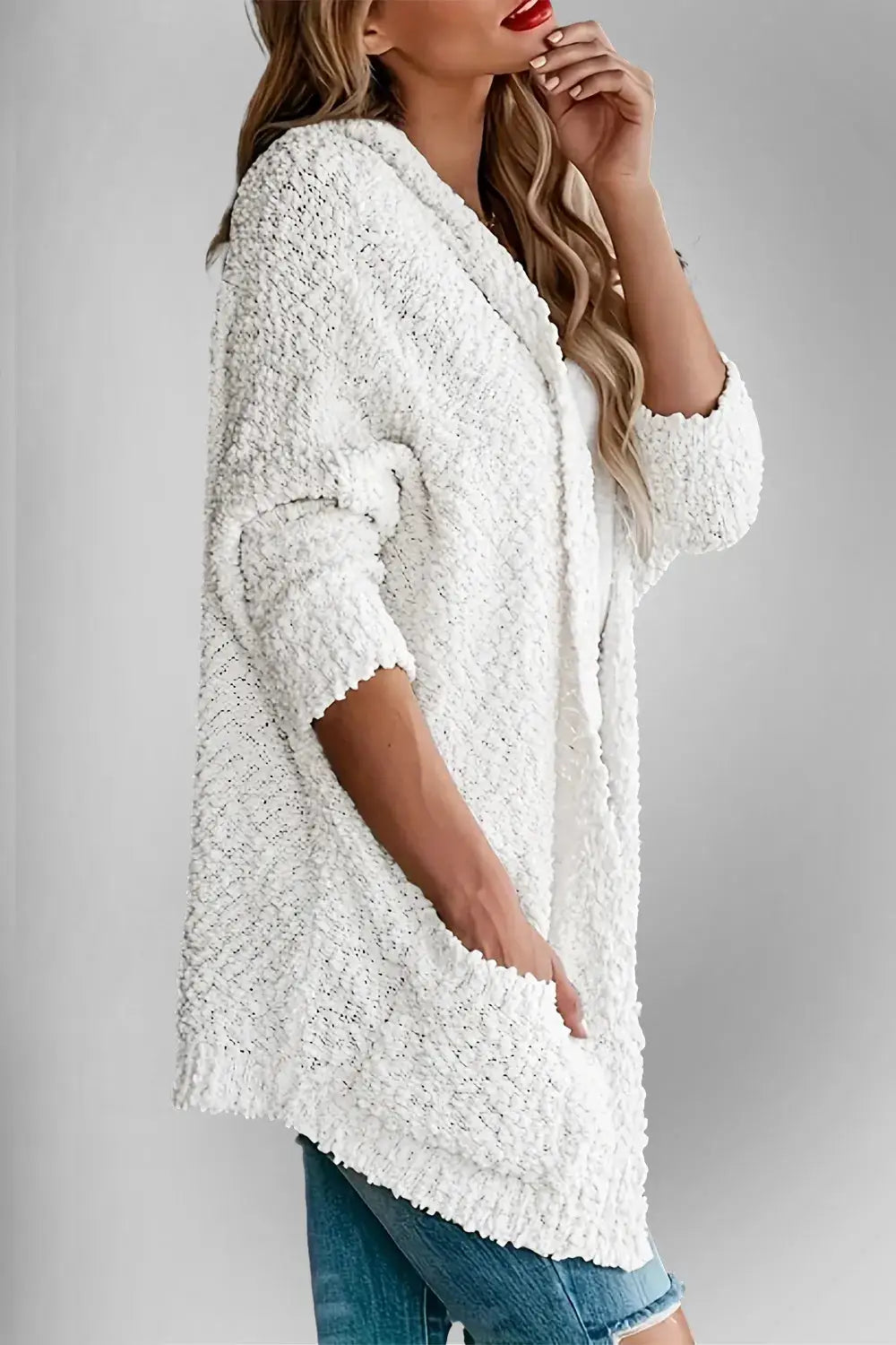 Double Take Pocketed Open Front Long Sleeve Cardigan, white textured knit with pockets