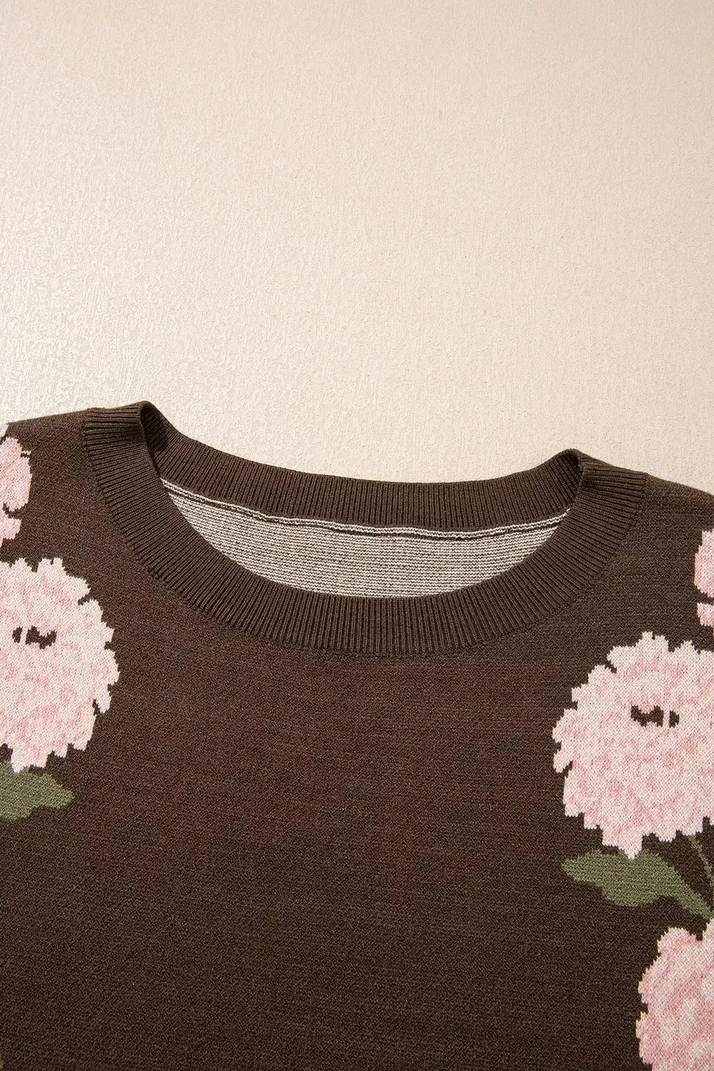 Floral Print Drop Shoulder Relaxed Sweater, brown knit with pink flowers
