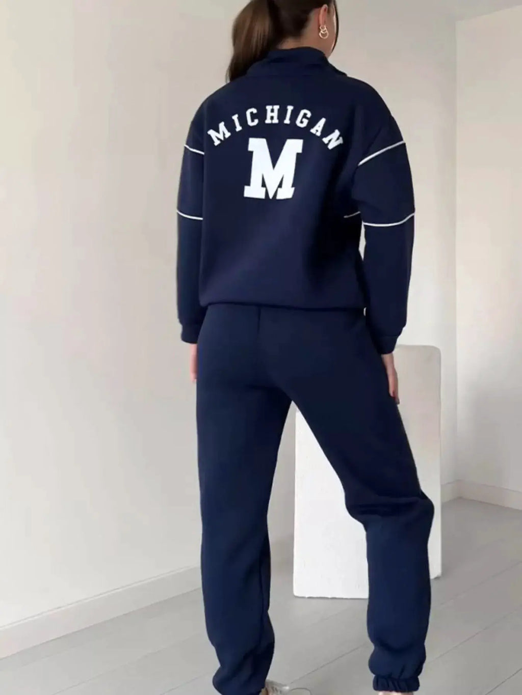 Full-Size Striped Quarter Zip Top and Pants Set Plus Size navy loungewear with Michigan logo on back