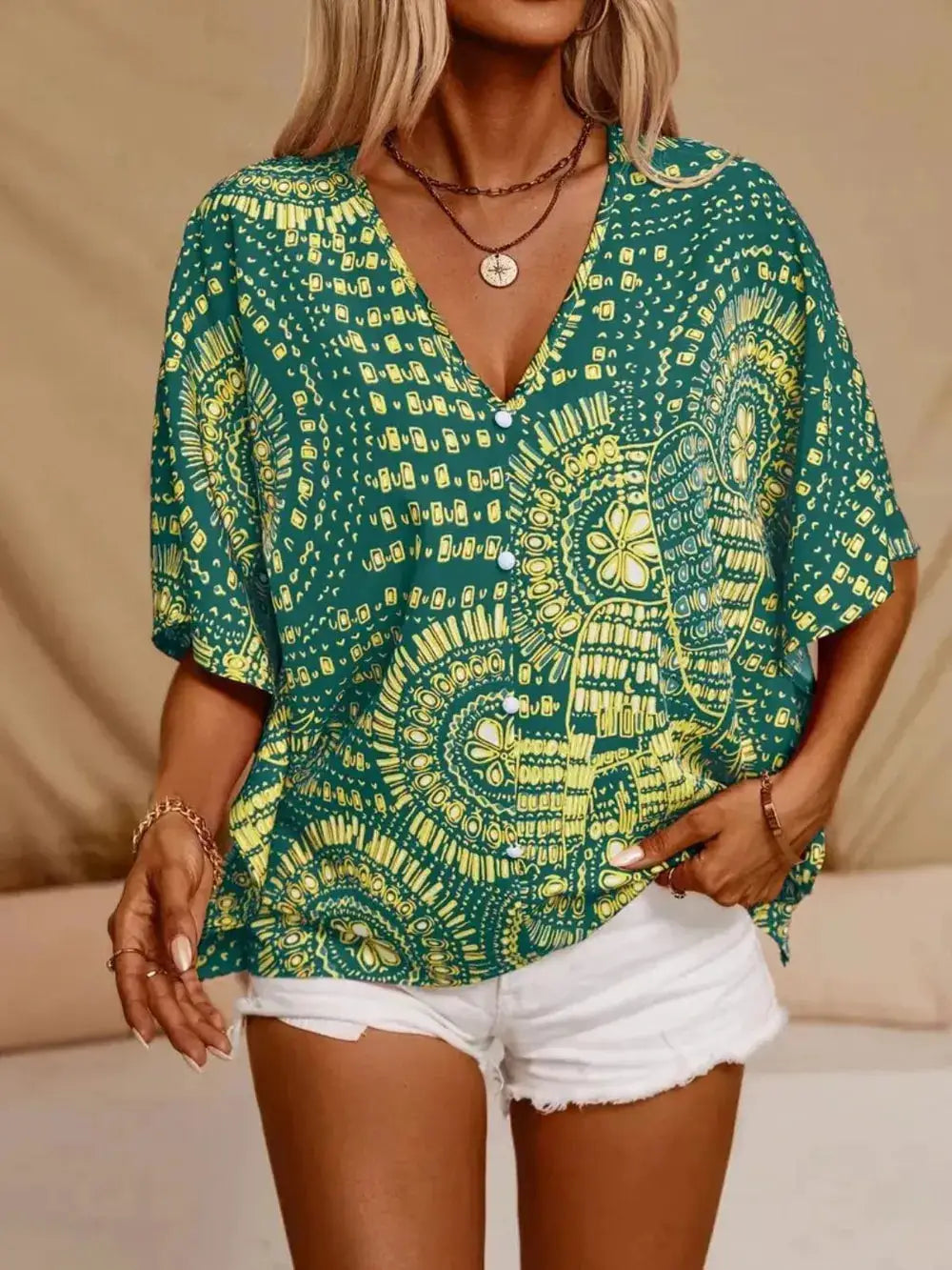 Printed V-Neck Half Sleeve Top by Belle Bijouix, green and yellow abstract pattern.