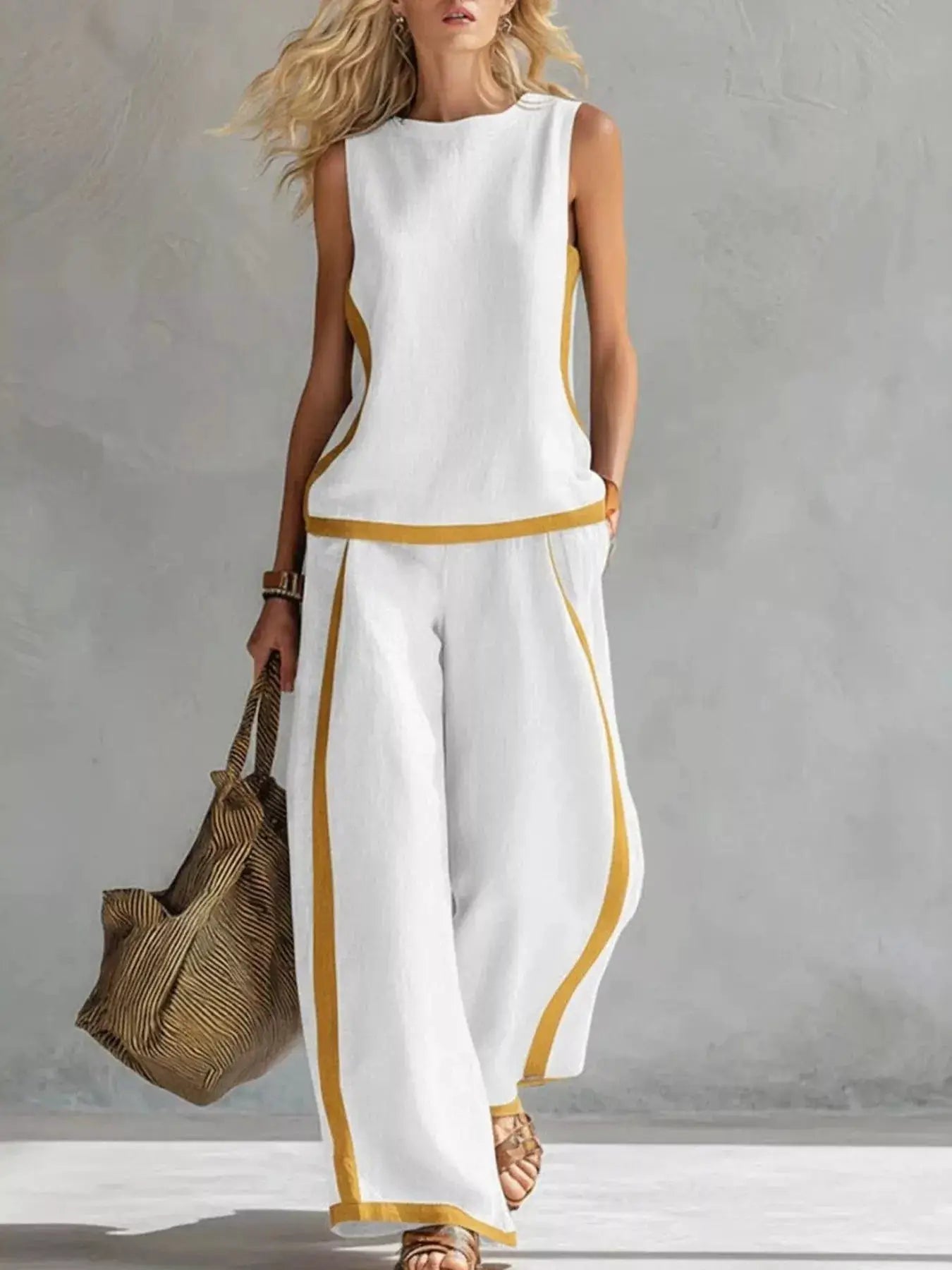 Full Size Contrast Stripe Sleeveless Top & Wide-Leg Pants Set Plus Size by Belle Bijouix in white with mustard-yellow piping