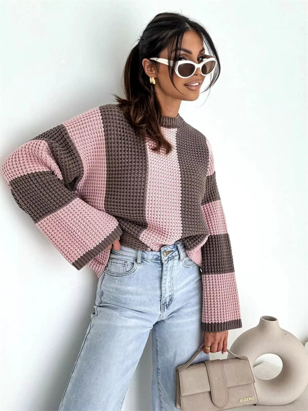 Color Block Long Sleeve Sweater by Belle Bijouix; oversized pink and brown striped knit top with Jacquemus bag.