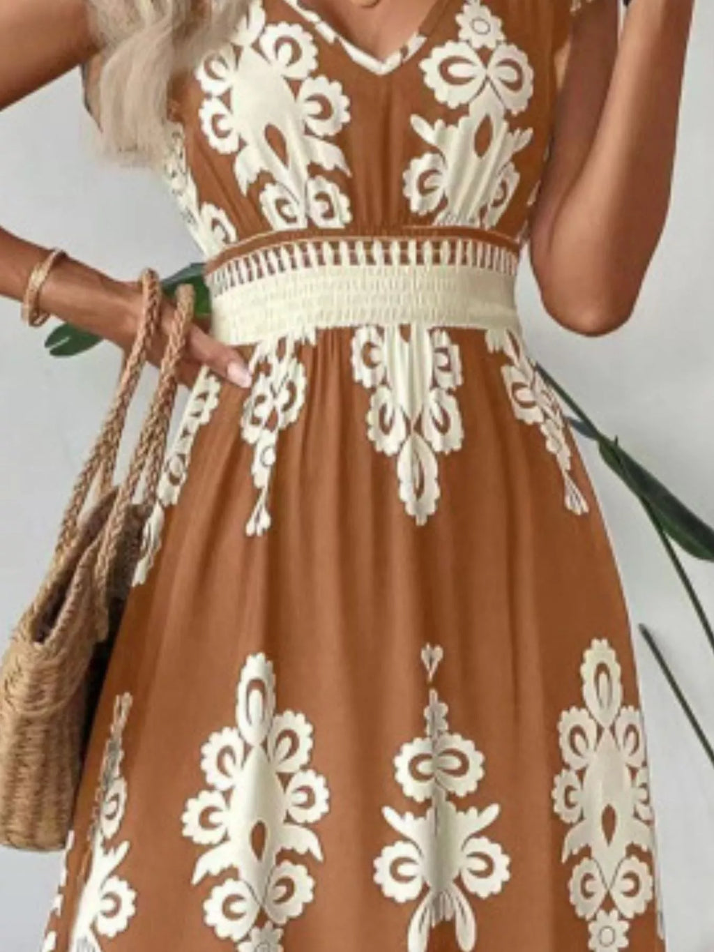 Dress: Printed V-Neck Ruffled Cap Sleeve in brown with white floral embroidery and smocked waist