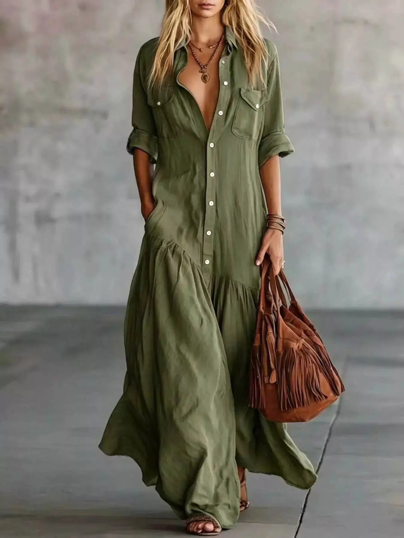 Plus Size Maxi Dress by Belle Bijouix in olive green with button-front, roll-up sleeves and pockets