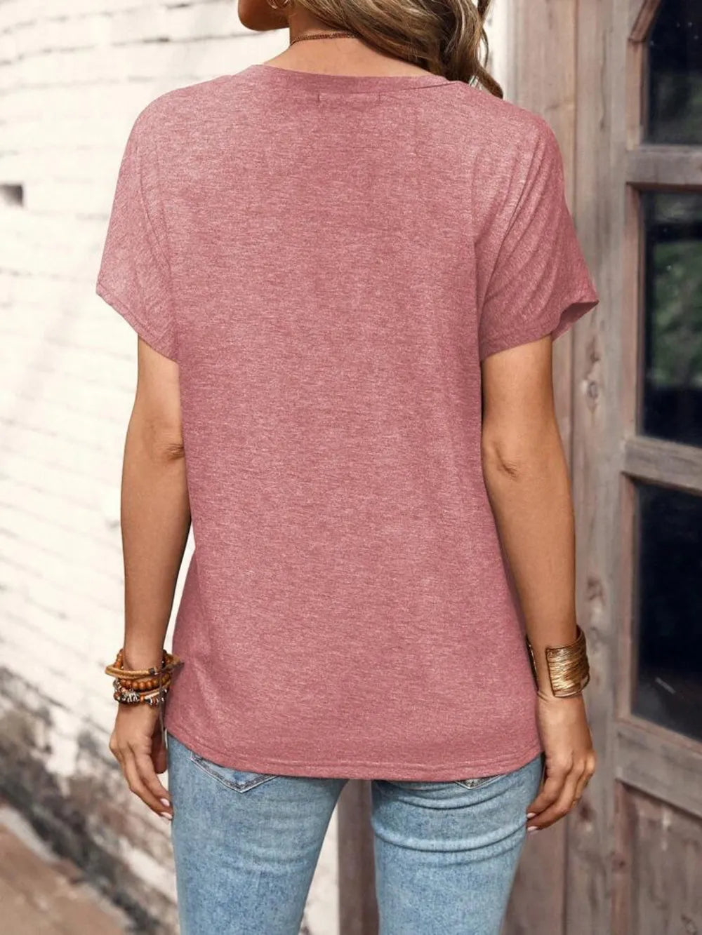 Half Button Short Sleeve Top in dusty pink heather; relaxed fit, back view
