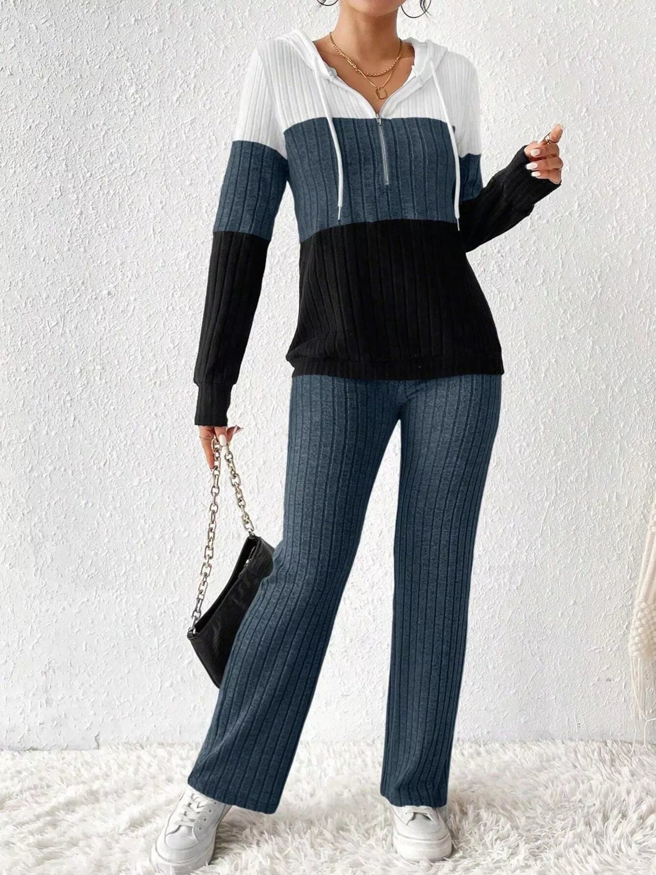 Color Block Half Zip Hooded Top and Pants Set, 2-piece knit loungewear in white, gray, and black with drawstring hood.