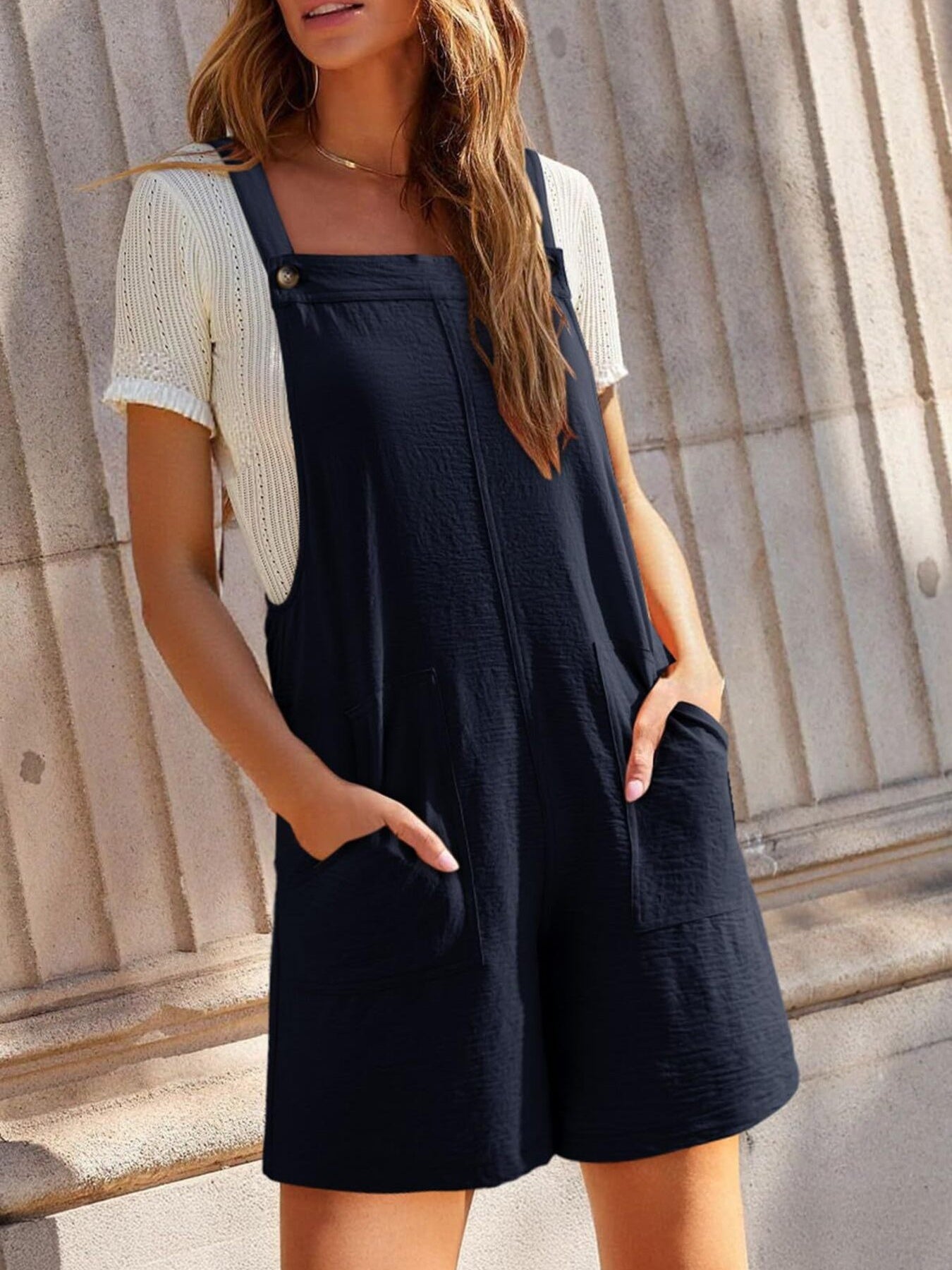 Casual navy wide-strap overalls with pockets by Bellebijouix