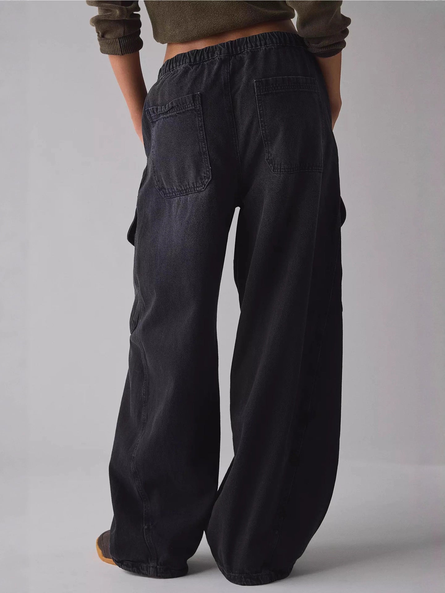 Drawstring Waist Cargo Jeans by Trendsi, black denim with back pockets, relaxed fit