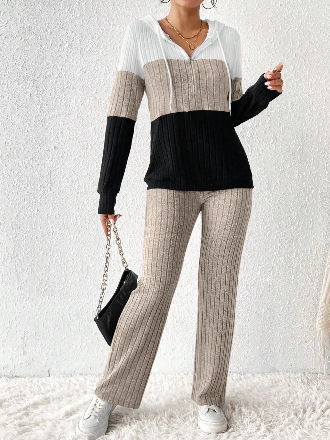 Color Block Half Zip Hooded Top and Pants Set by Belle Bijouix; ribbed knit in white/beige/black with drawstring hood.