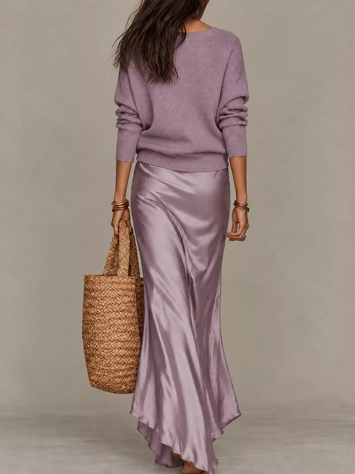 V-Neck Sweater & Satin Slip Maxi Dress Set in Purple by Belle Bijouix – view 31 of 41