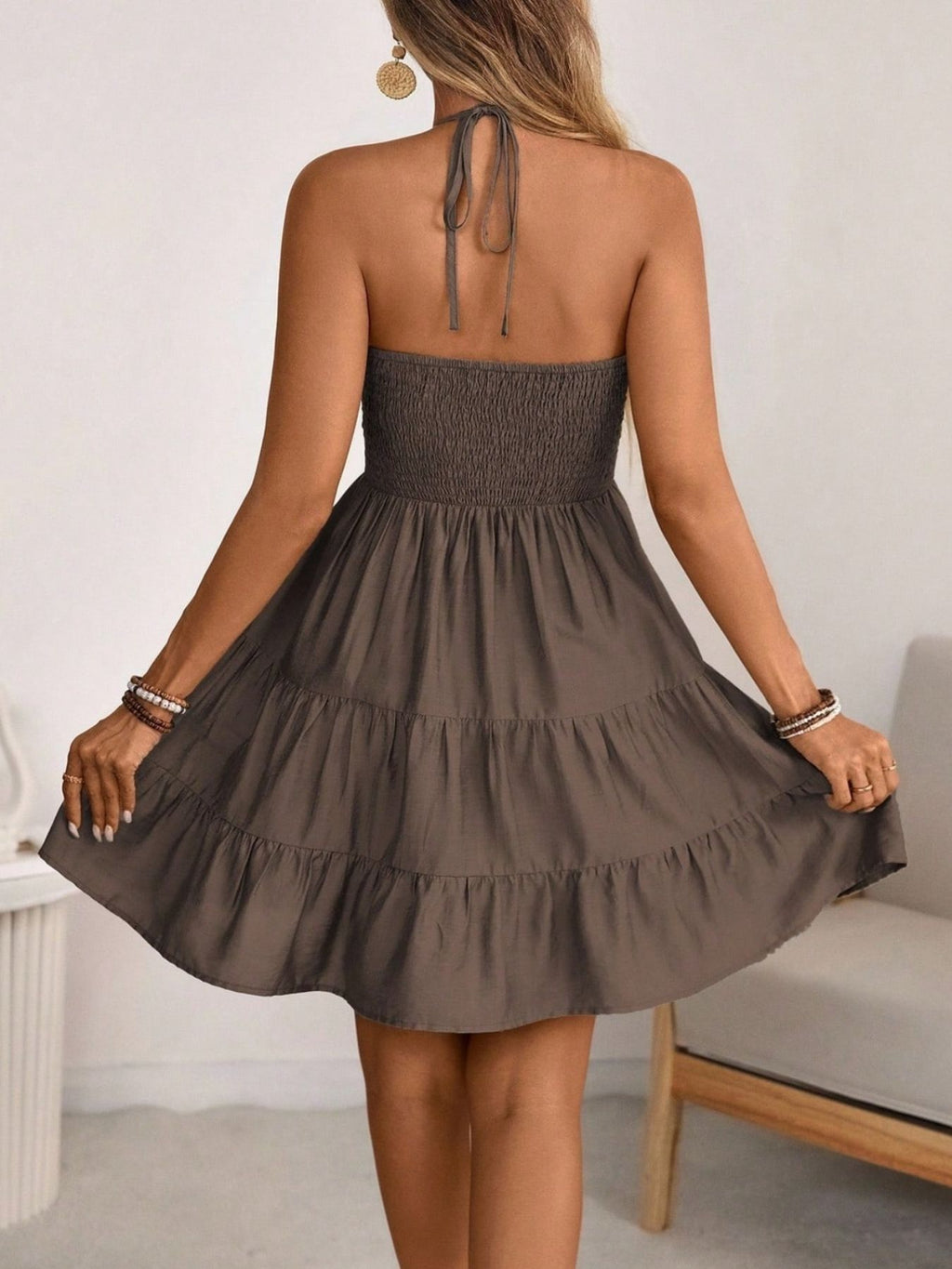 Smocked halter-neck tiered dress in taupe; DRESSES for wedding & bridal party