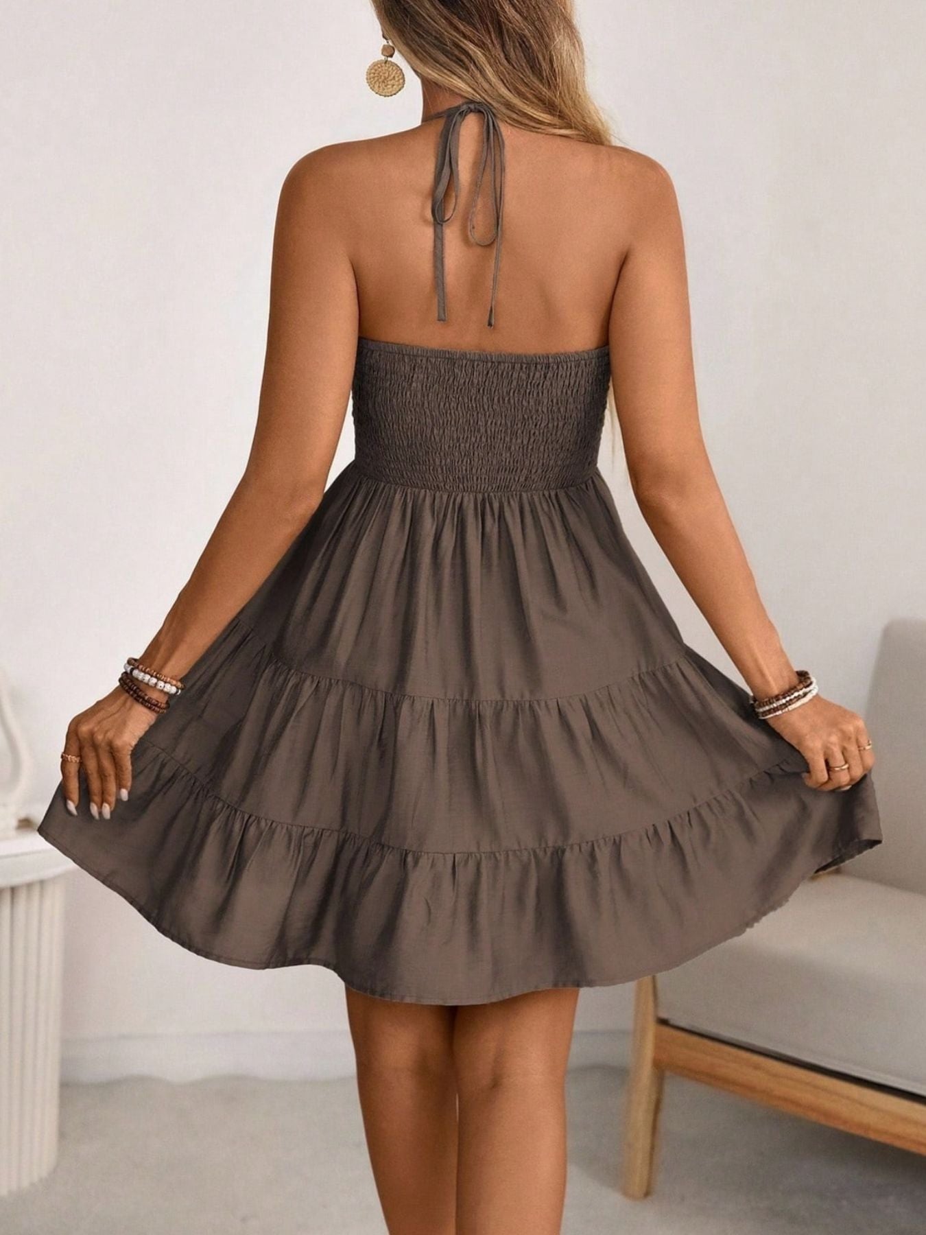 Smocked halter-neck tiered dress in taupe; DRESSES for wedding & bridal party