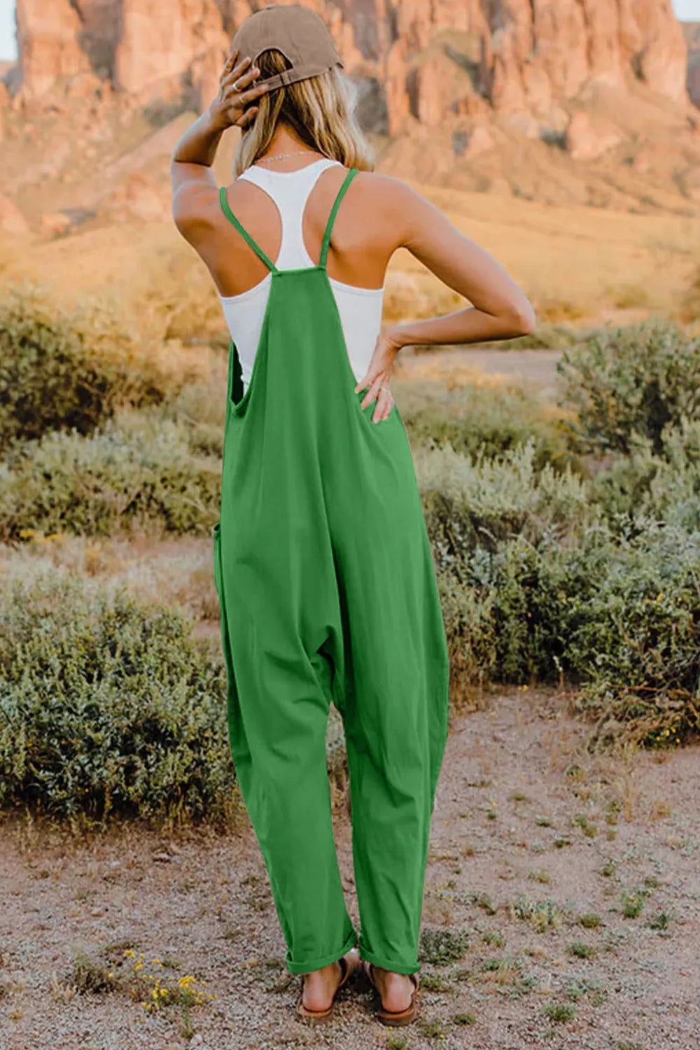 Double Take full-size green sleeveless jumpsuit with pockets