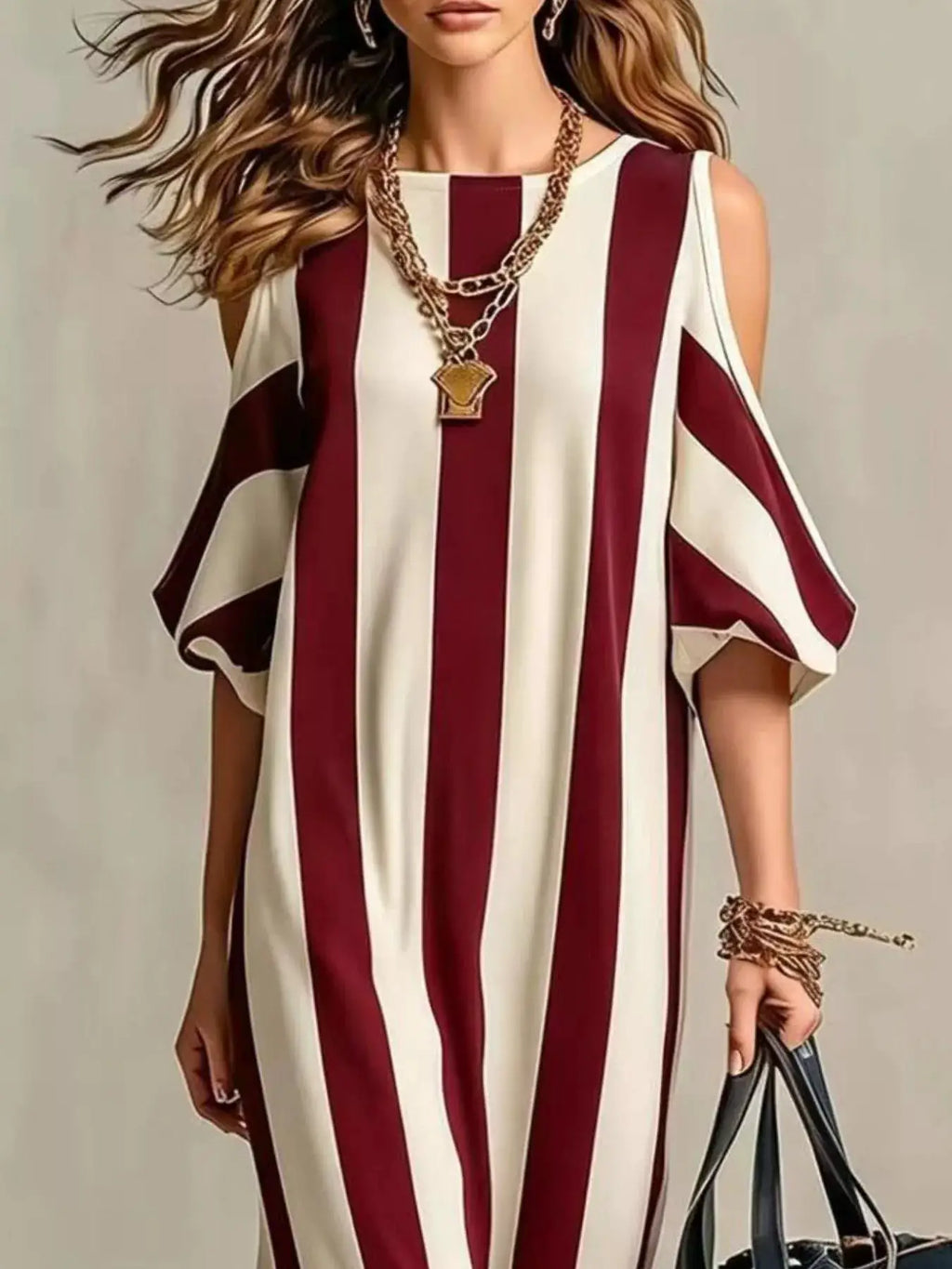 Striped cold-shoulder maxi dress by Belle Bijouix in burgundy and ivory with a side slit