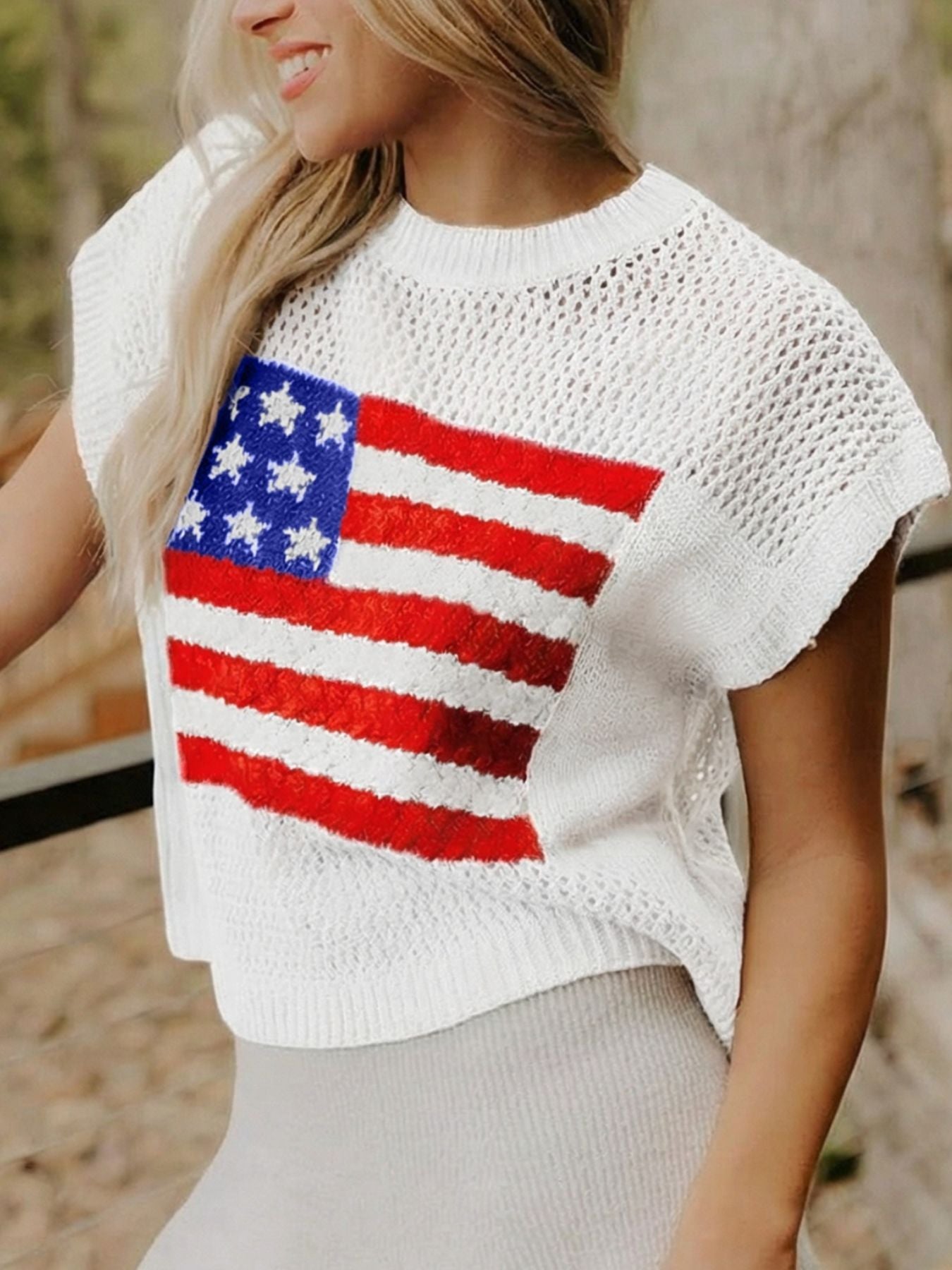 American Flag knitted short sleeve sweater in white knit with red stripes and blue canton