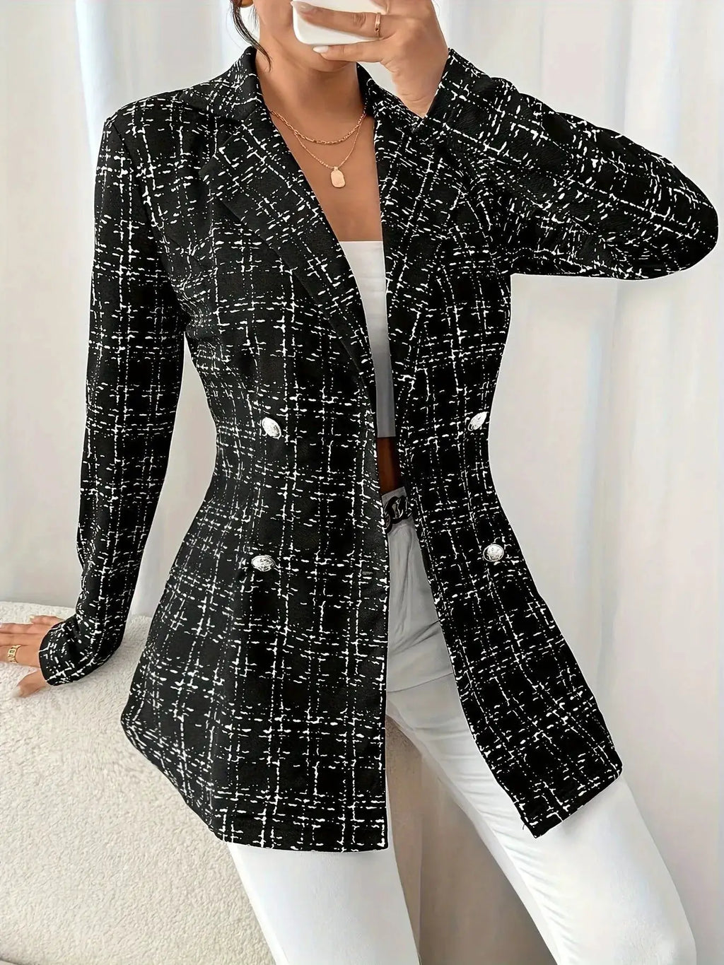 Tweed double-breasted blazer by Belle Bijouix; black-and-white check pattern, sport jacket.