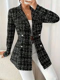 Tweed double-breasted blazer by Belle Bijouix; black-and-white check pattern, sport jacket.