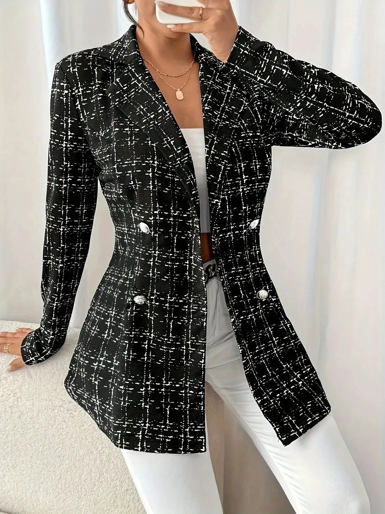 Tweed double-breasted blazer by Belle Bijouix; black-and-white check pattern, sport jacket.