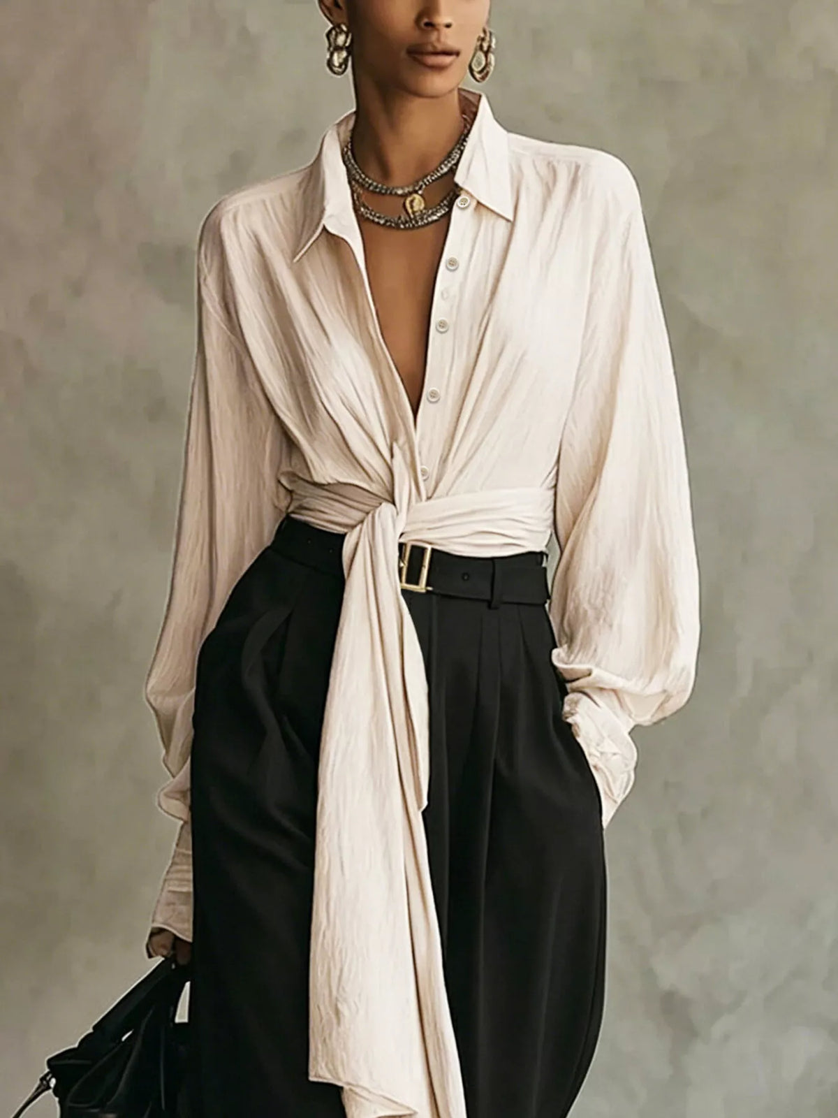 Tie-Front Shirt & Wide-Leg Pants Set