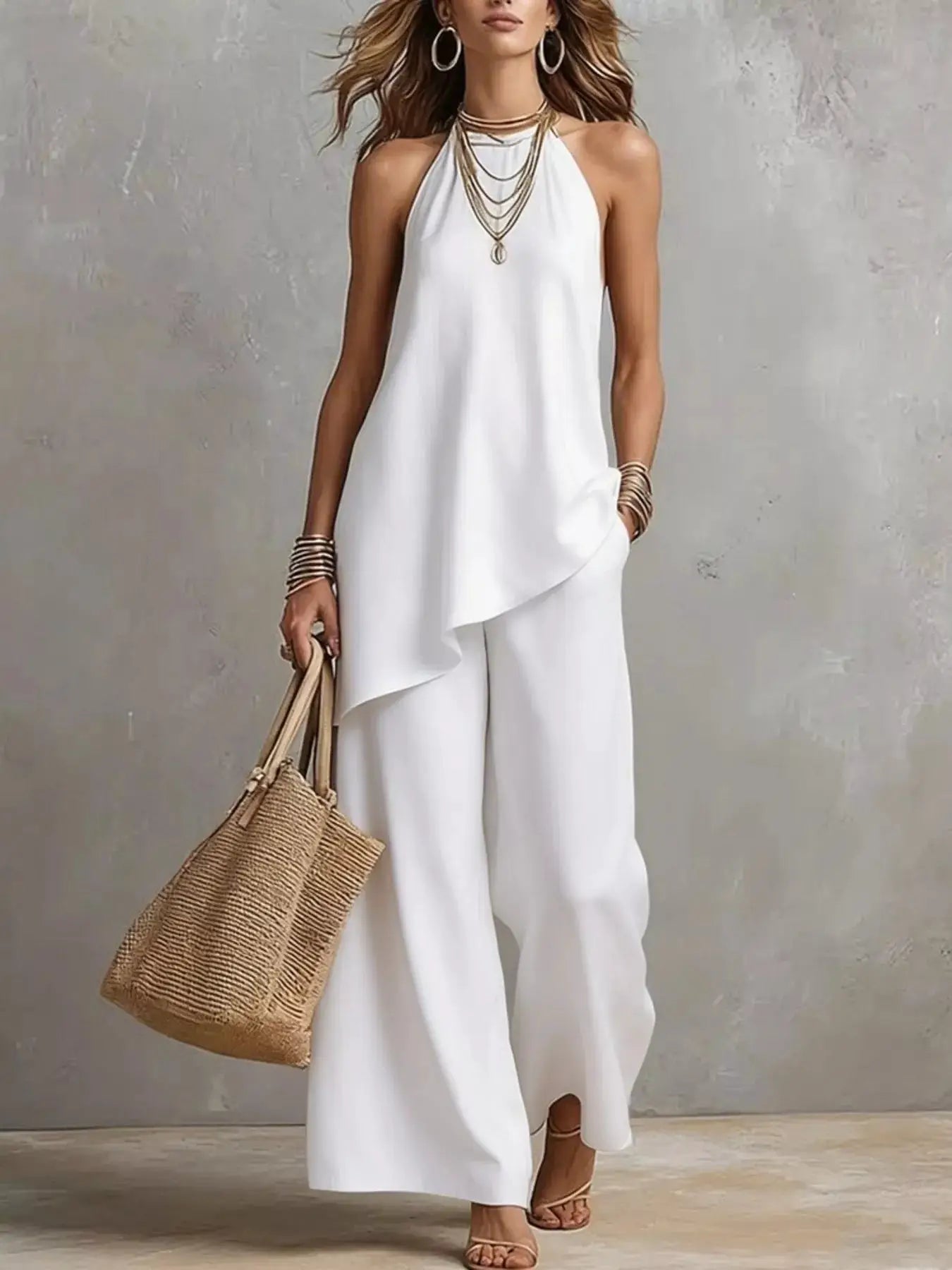 Outfit set: white asymmetrical-hem cami with wide-leg pants, plus size ensemble