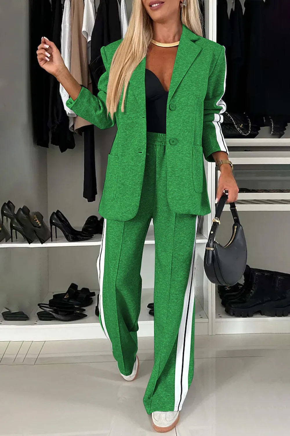 Full Size Contrast Lapel Collar Top and Pants Set in green with white side stripes, buttoned blazer and pocketed pants.