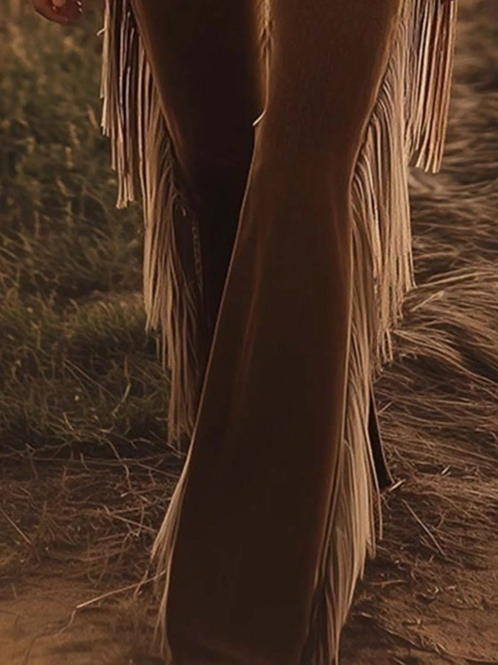 Fringe Trim Flare Pants in brown with long fringe along the hems, showing silhouette from the side
