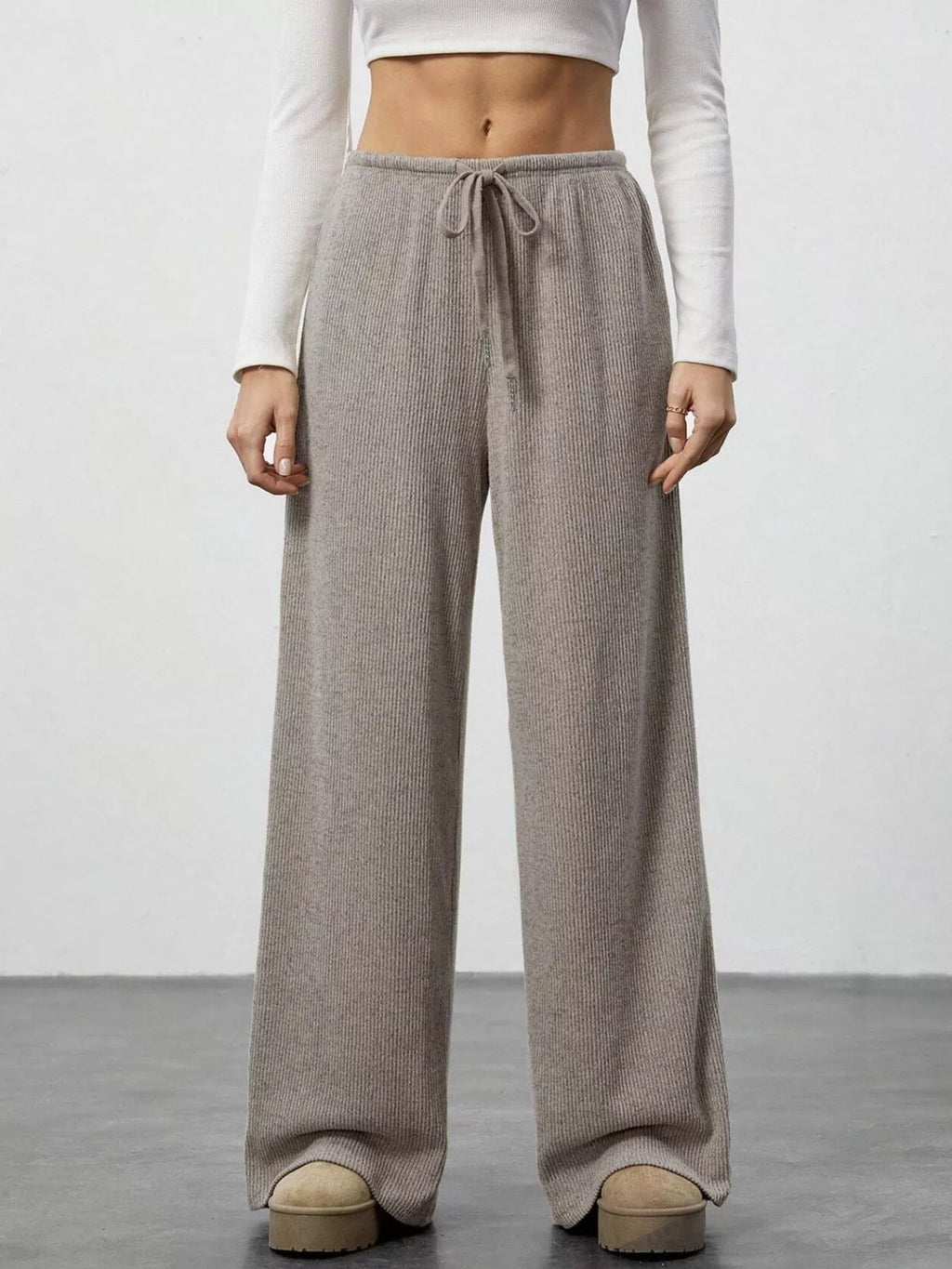 Relaxed Fit Drawstring Pants with pockets by Belle Bijouix in taupe ribbed knit fabric