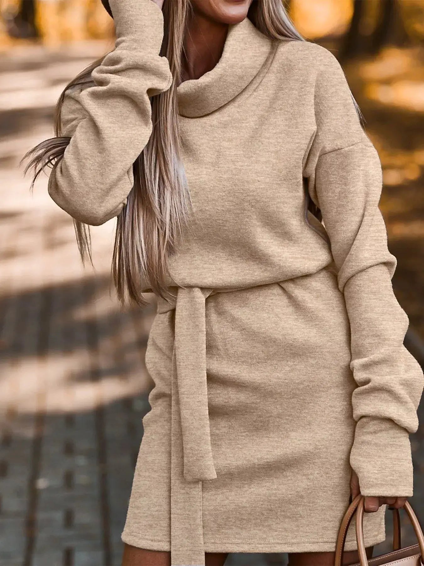 Turtleneck belted knit dress in beige with waist belt