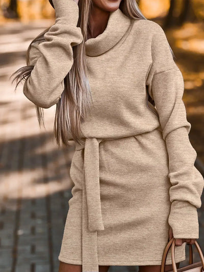 Turtleneck Belted Knit Dress – Women's Long Sleeve