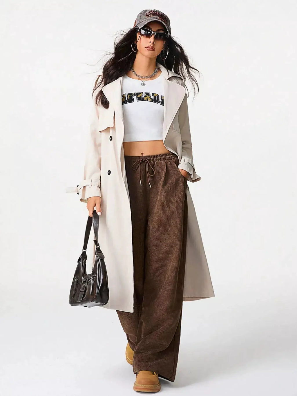 Casual Corduroy Wide-Leg Pants by Belle Bijouix, brown with drawstring and pockets