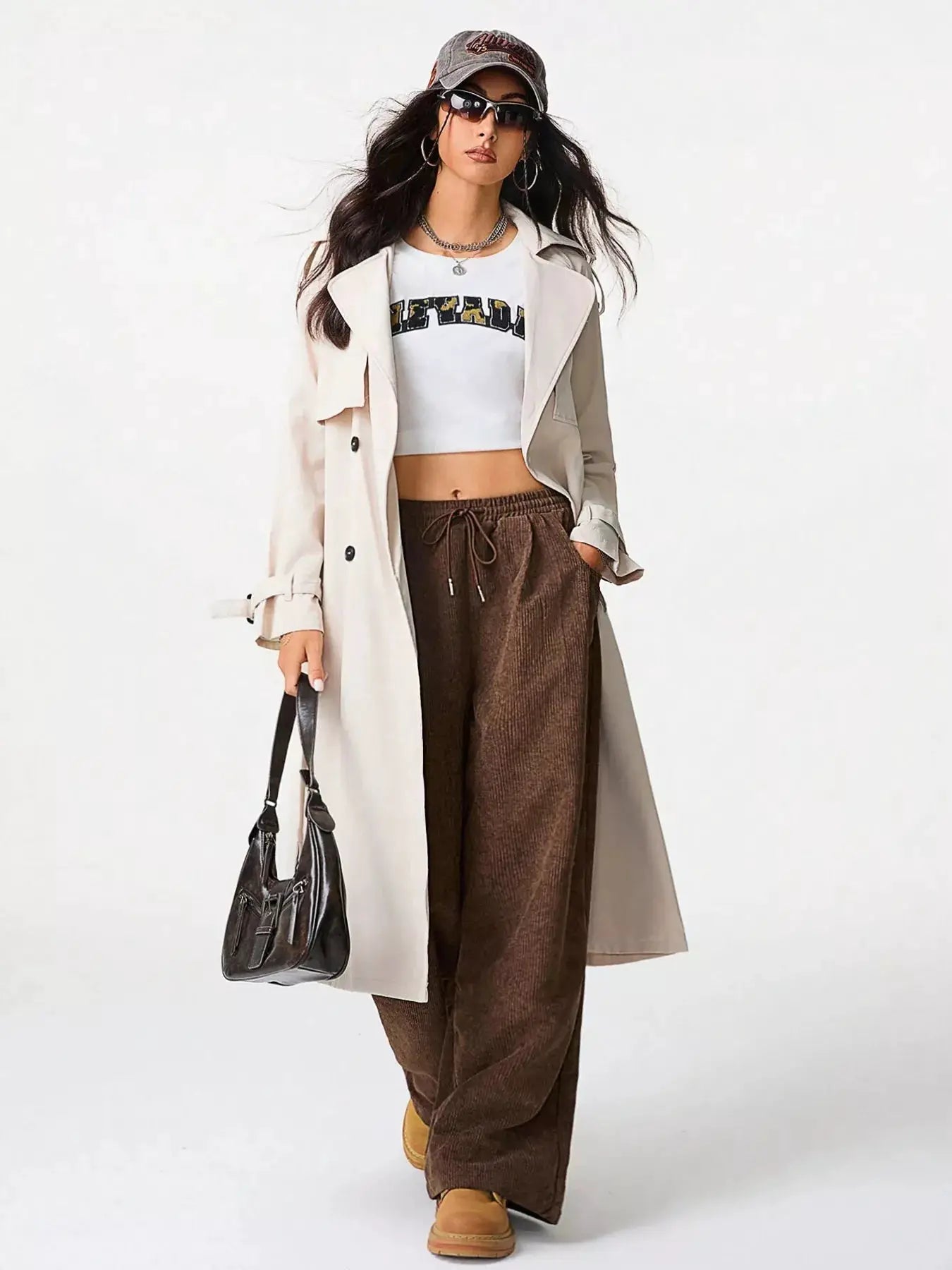 Casual Corduroy Wide-Leg Pants by Belle Bijouix, brown with drawstring and pockets