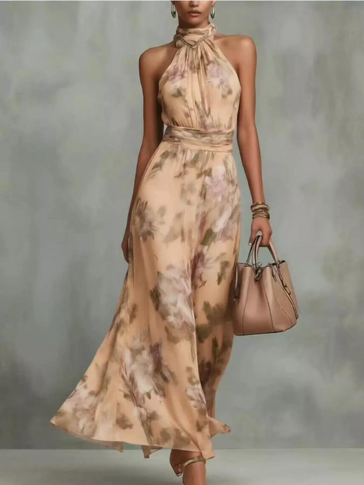 Full-Size floral print sleeveless maxi dress in peach tones