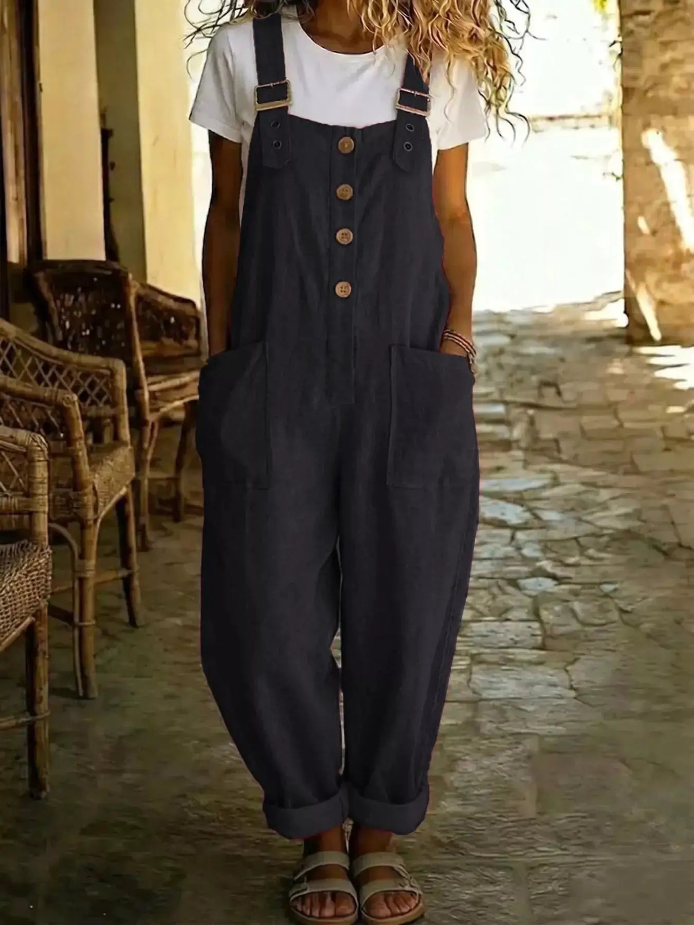 Casual Button Front Wide Leg Overalls in dark denim with pockets