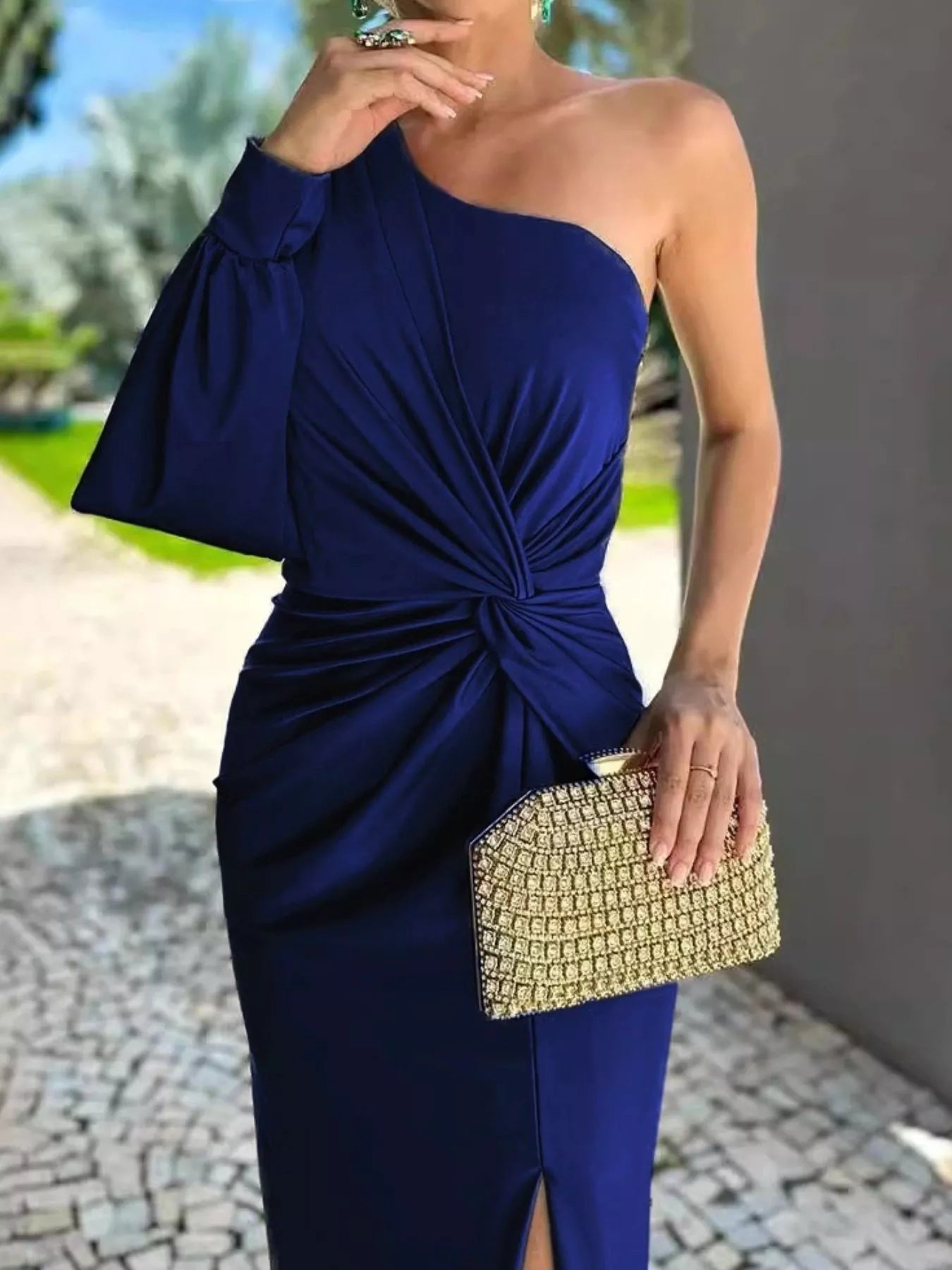 Full-size navy blue one-shoulder knot-detail maxi dress, plus size, with front slit