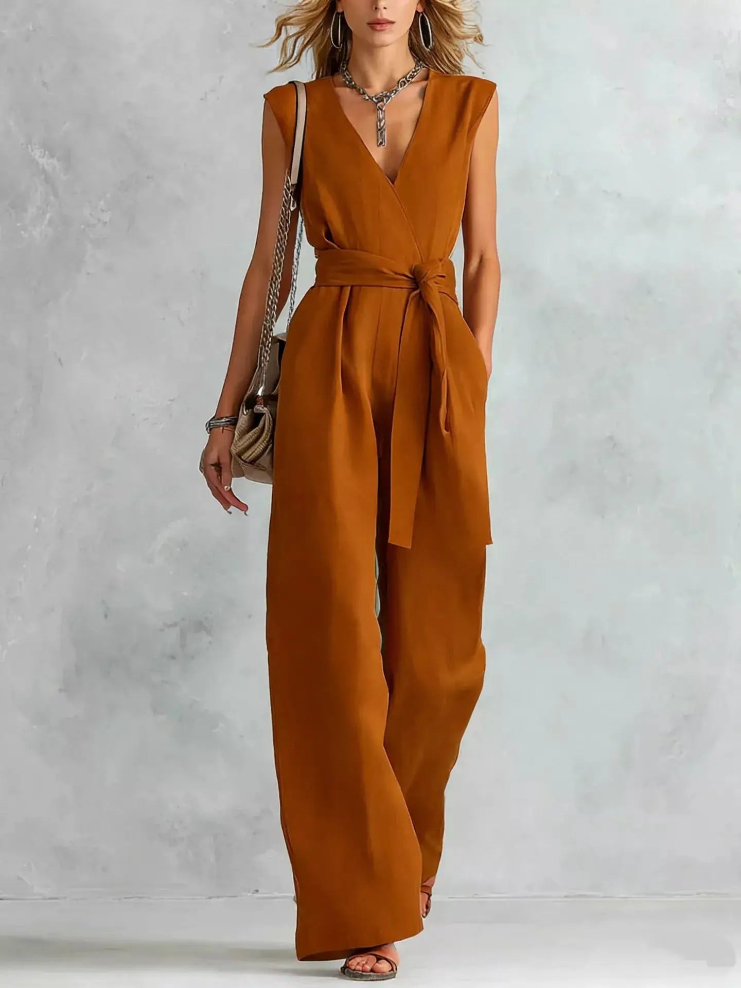 Sleeveless wide-leg jumpsuit by Belle Bijouix in rust color with a tied waist belt.