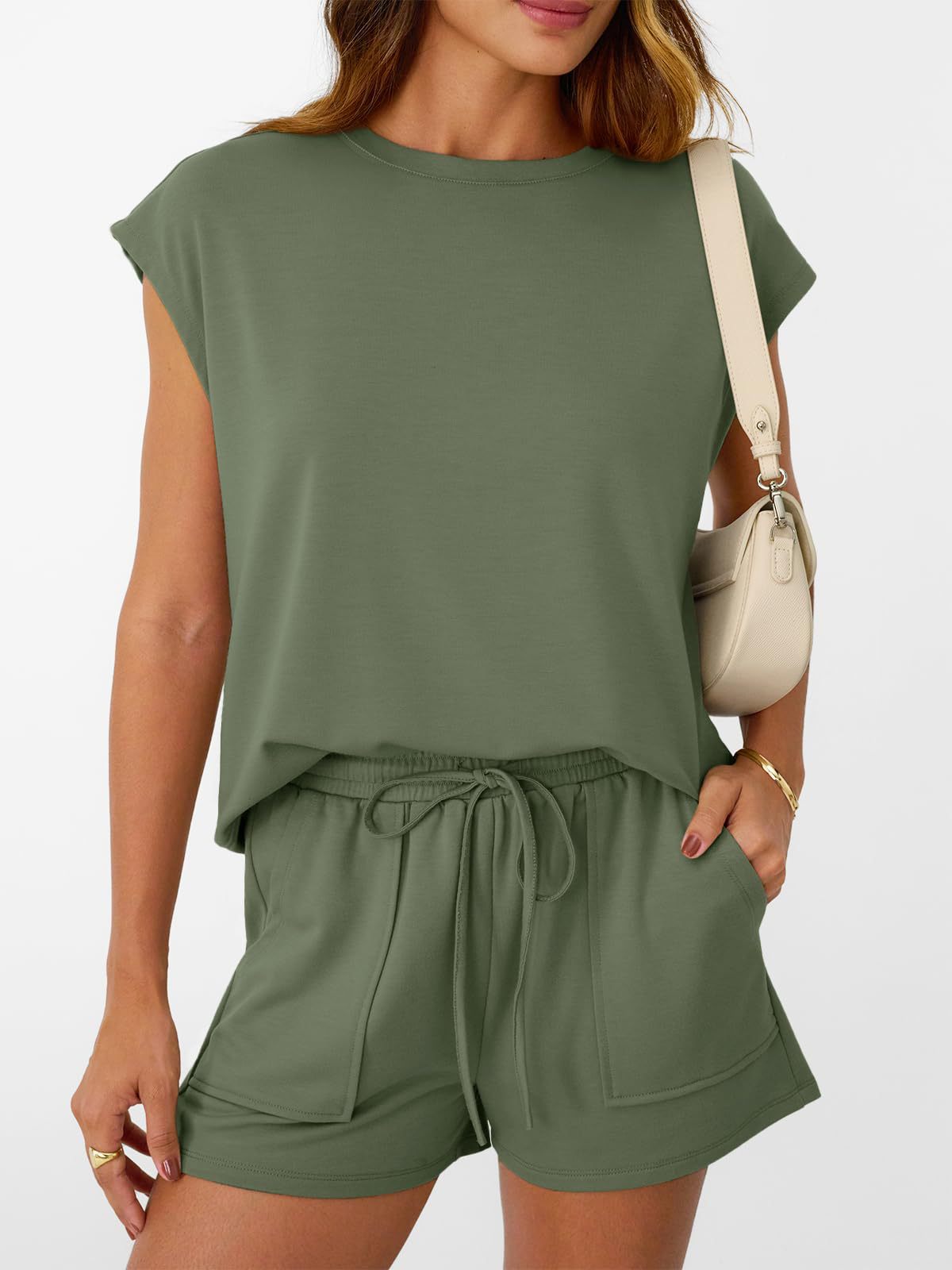Round neck cap sleeve top and shorts set in olive green, two-piece casual outfit