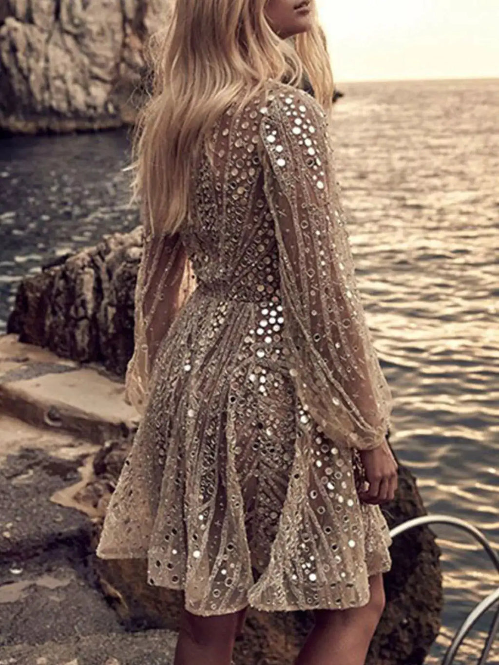 Dresses: Belle Bijouix sequin deep-V mini dress in champagne beige with sheer overlay