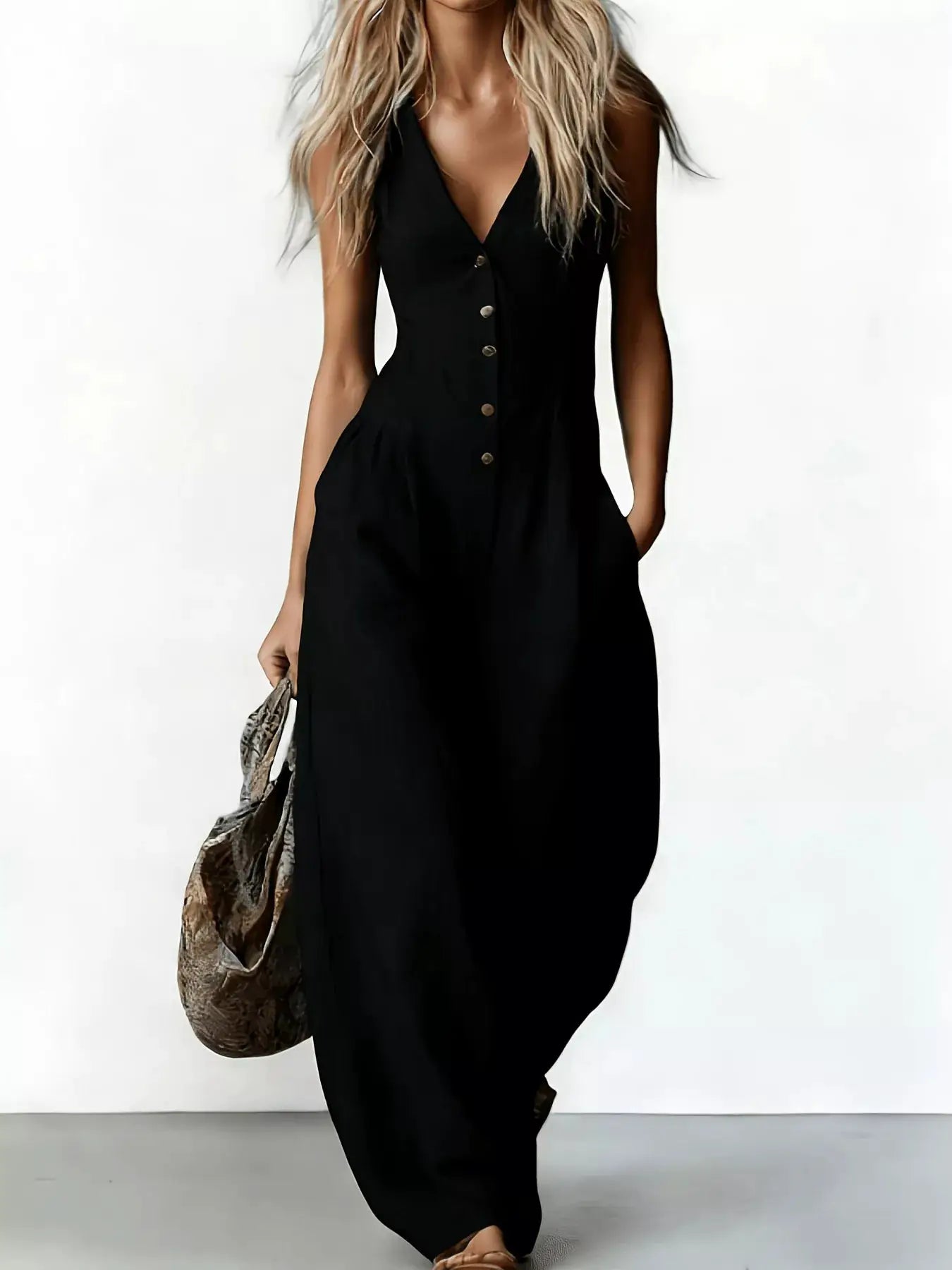 V-Neck Button-Down Wide-Leg Jumpsuit with Pockets, black