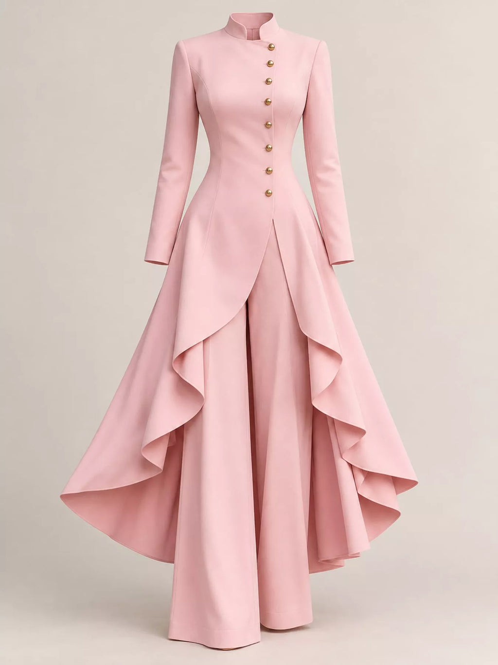 Ruffled High-Low Button Tunic & Wide-Leg Pants Set in Pink by Belle Bijouix – view 18 of 82
