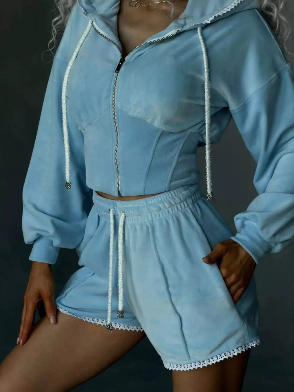 Zip Up Hooded Activewear Set: light blue two-piece with zip hoodie and shorts by Belle Bijouix