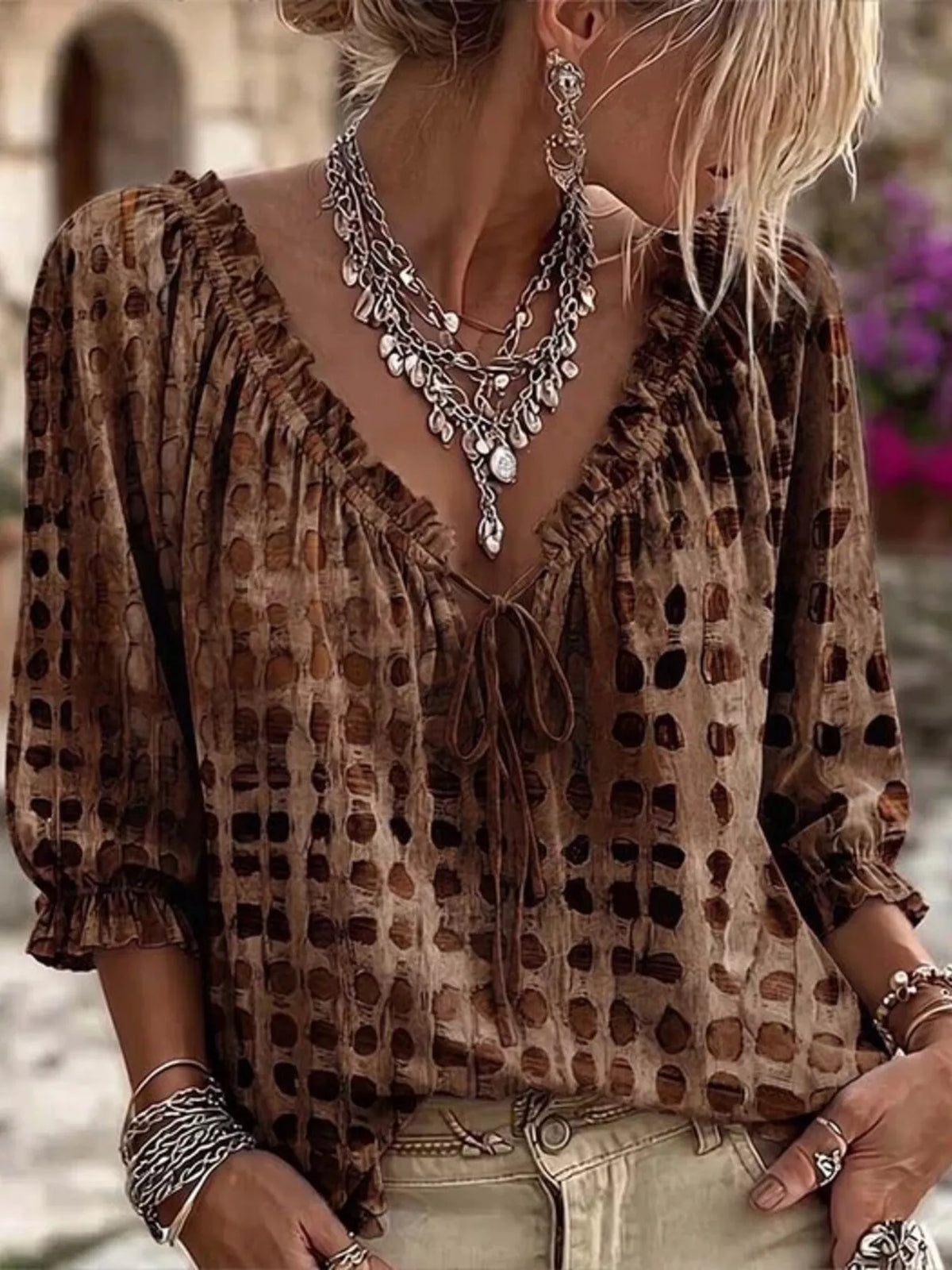 Tie Neck 3/4 Sleeve Blouse