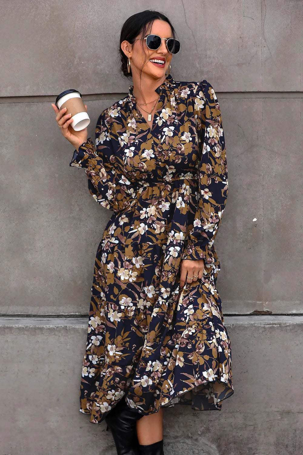 Perfee Floral Flounce Sleeve Tiered Dress, navy floral chiffon, long sleeves