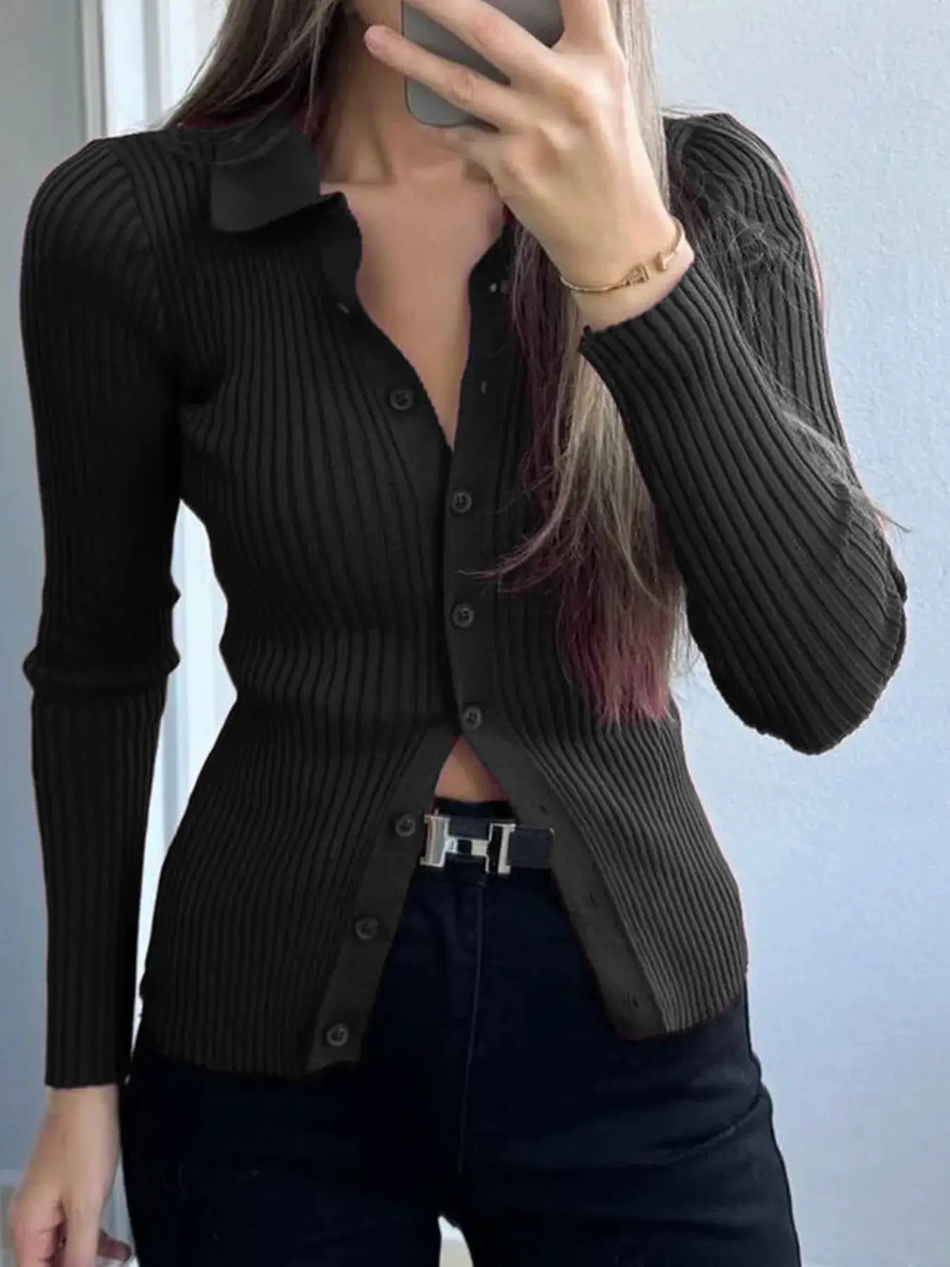 Ribbed Button-Front Long Sleeve Cardigan in black by Belle Bijouix