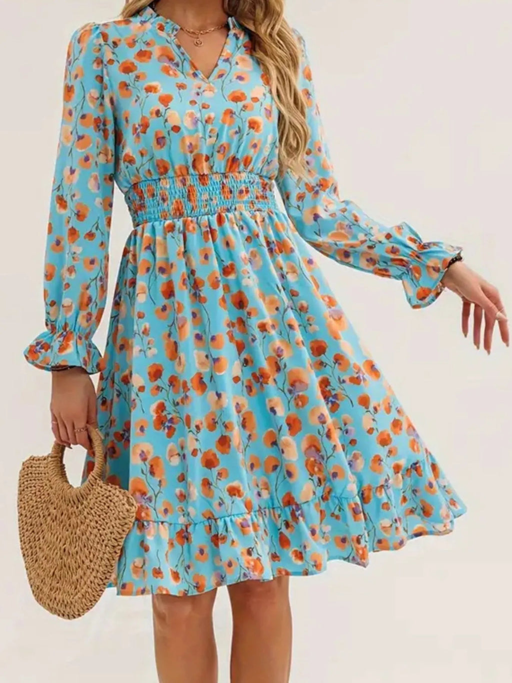 Floral Print Flounce Sleeve Ruffle Hem Dress in blue with orange flowers; smocked waist.