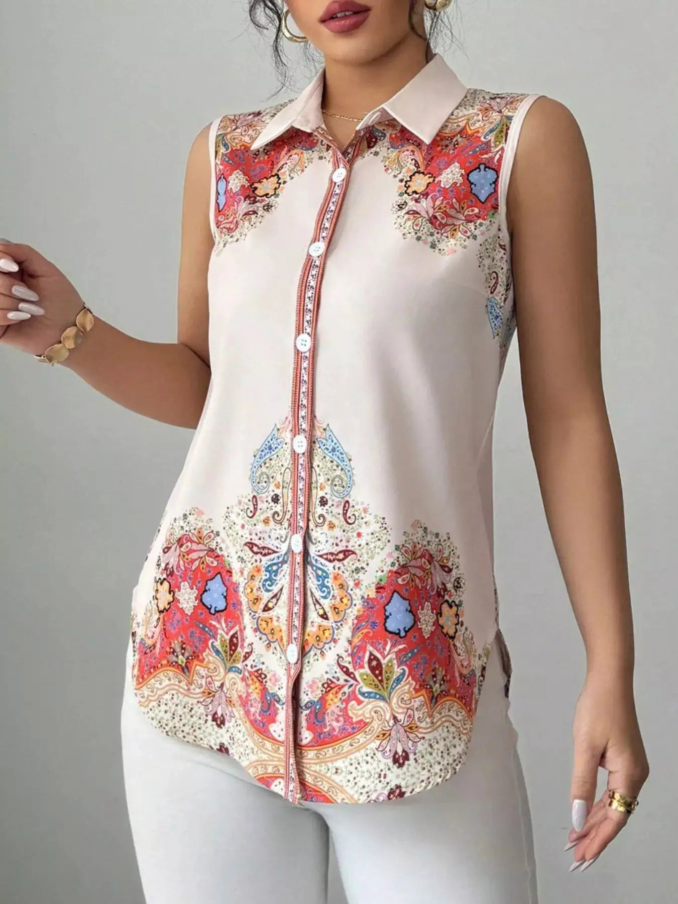 Button Up Sleeveless Top in cream with vibrant red and multicolor paisley print, front button-down placket