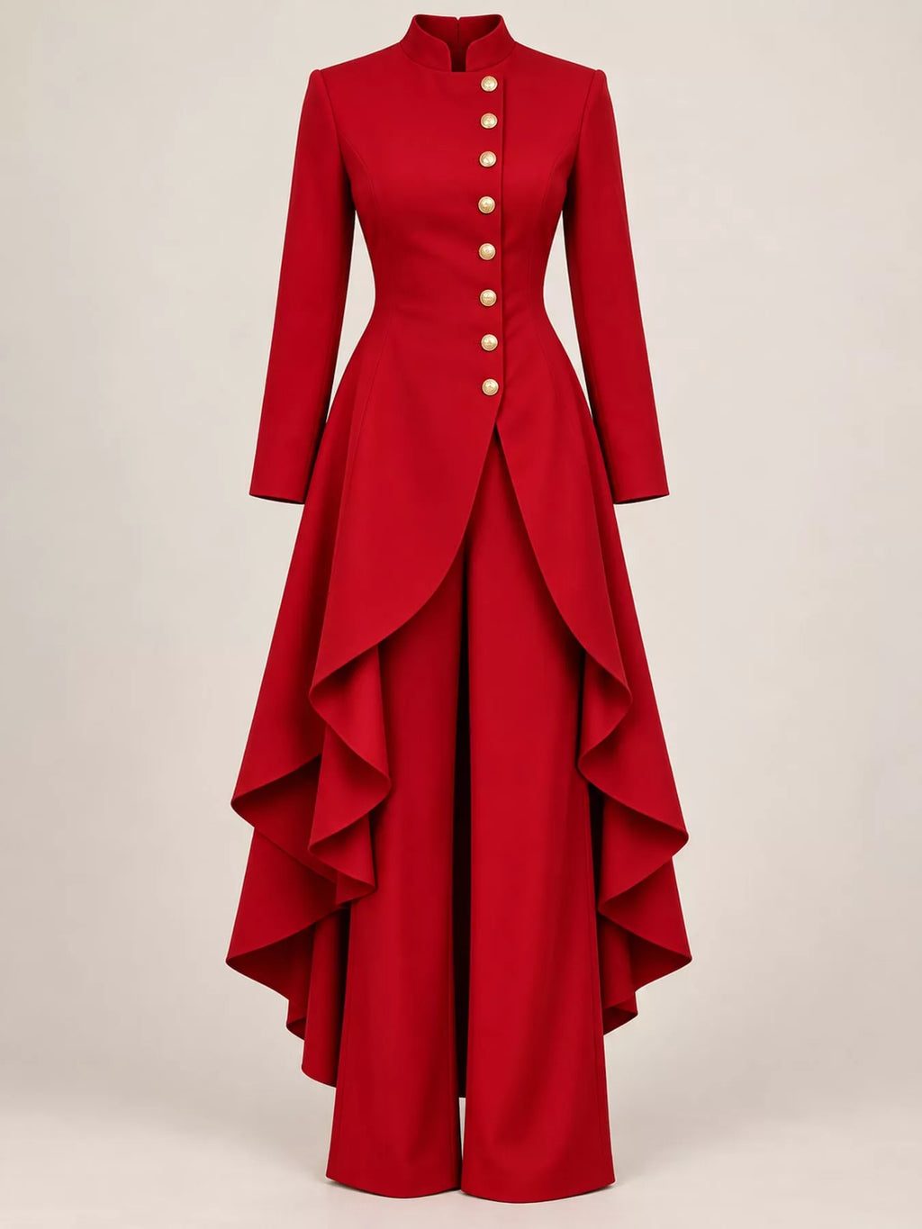 Ruffled High-Low Button Tunic & Wide-Leg Pants Set in Red by Belle Bijouix – view 61 of 82