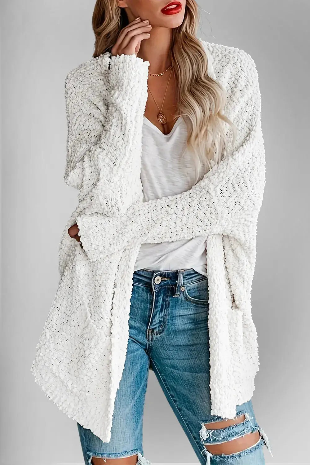 Double Take pocketed open-front cardigan in white sherpa texture with long sleeves