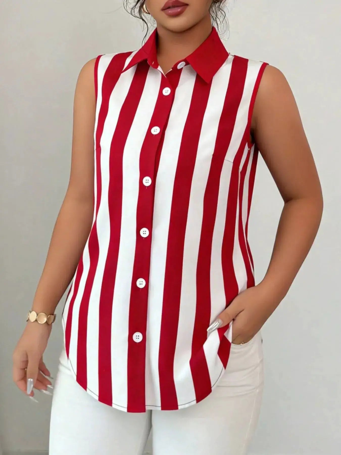 Button Up Sleeveless Shirt by Belle Bijouix, red and white striped with white buttons
